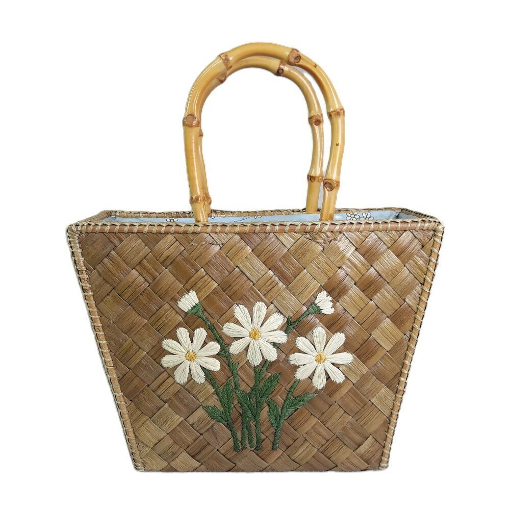 Lois Hill Wicker Rattan Embroidered Daisy Flower Bamboo Handle Hand Bag Boho
